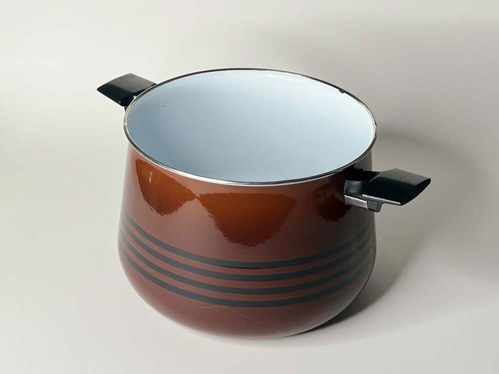 Vintage West Bend Scandia Enamelware Stock Pot Brown with Black Stripes
